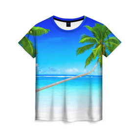 Женская футболка 3D с принтом Лазурный берег в Кировске, 100% полиэфир ( синтетическое хлопкоподобное полотно) | прямой крой, круглый вырез горловины, длина до линии бедер | берег | лето | море | океан | отдых | пальма | песок