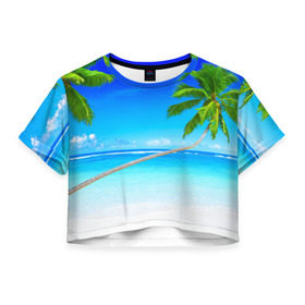 Женская футболка 3D укороченная с принтом Лазурный берег в Кировске, 100% полиэстер | круглая горловина, длина футболки до линии талии, рукава с отворотами | берег | лето | море | океан | отдых | пальма | песок