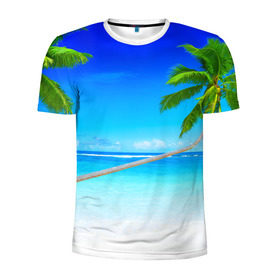Мужская футболка 3D спортивная с принтом Лазурный берег в Кировске, 100% полиэстер с улучшенными характеристиками | приталенный силуэт, круглая горловина, широкие плечи, сужается к линии бедра | Тематика изображения на принте: берег | лето | море | океан | отдых | пальма | песок