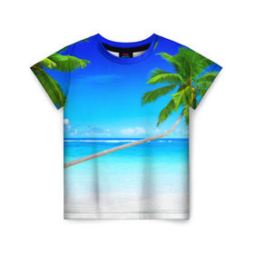 Детская футболка 3D с принтом Лазурный берег в Кировске, 100% гипоаллергенный полиэфир | прямой крой, круглый вырез горловины, длина до линии бедер, чуть спущенное плечо, ткань немного тянется | берег | лето | море | океан | отдых | пальма | песок