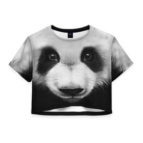 Женская футболка 3D укороченная с принтом Морда панды в Кировске, 100% полиэстер | круглая горловина, длина футболки до линии талии, рукава с отворотами | 