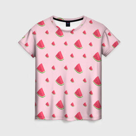 Женская футболка 3D с принтом Сочные арбузики в Кировске, 100% полиэфир ( синтетическое хлопкоподобное полотно) | прямой крой, круглый вырез горловины, длина до линии бедер | арбузы | арт | еда | лето | фрукты