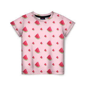 Детская футболка 3D с принтом Сочные арбузики в Кировске, 100% гипоаллергенный полиэфир | прямой крой, круглый вырез горловины, длина до линии бедер, чуть спущенное плечо, ткань немного тянется | арбузы | арт | еда | лето | фрукты
