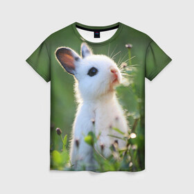 Женская футболка 3D с принтом Кролик в Кировске, 100% полиэфир ( синтетическое хлопкоподобное полотно) | прямой крой, круглый вырез горловины, длина до линии бедер | animal | baby | cute | flowers | fluffy | hare | lawn | little | meadow | rabbit | животное | заяц | кролик | луг | лужайка | маленький | малыш | милый | пушистый | цветы