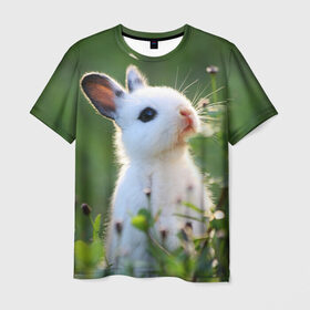 Мужская футболка 3D с принтом Кролик в Кировске, 100% полиэфир | прямой крой, круглый вырез горловины, длина до линии бедер | animal | baby | cute | flowers | fluffy | hare | lawn | little | meadow | rabbit | животное | заяц | кролик | луг | лужайка | маленький | малыш | милый | пушистый | цветы