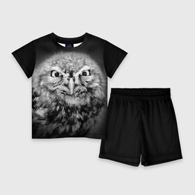 Детский костюм с шортами 3D с принтом Сова в Кировске,  |  | beak | bird | eyes | fear | hypnosis | look | night | owl | predator | взгляд | гипноз | глаза | клюв | ночь | птица | сова | хищник