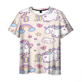 Мужская футболка 3D с принтом Радужные Единорожки в Кировске, 100% полиэфир | прямой крой, круглый вырез горловины, длина до линии бедер | unicorn | белый | единорог | лошадь | облако | радуга | розовый | сердце | улыбка | фиолетовый | цвет
