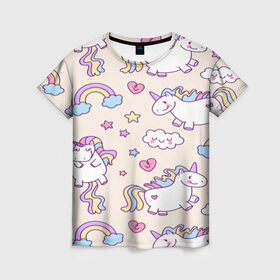 Женская футболка 3D с принтом Радужные Единорожки в Кировске, 100% полиэфир ( синтетическое хлопкоподобное полотно) | прямой крой, круглый вырез горловины, длина до линии бедер | unicorn | белый | единорог | лошадь | облако | радуга | розовый | сердце | улыбка | фиолетовый | цвет