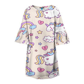 Детское платье 3D с принтом Радужные Единорожки в Кировске, 100% полиэстер | прямой силуэт, чуть расширенный к низу. Круглая горловина, на рукавах — воланы | unicorn | белый | единорог | лошадь | облако | радуга | розовый | сердце | улыбка | фиолетовый | цвет