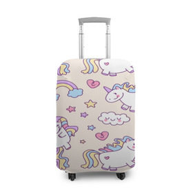 Чехол для чемодана 3D с принтом Радужные Единорожки в Кировске, 86% полиэфир, 14% спандекс | двустороннее нанесение принта, прорези для ручек и колес | unicorn | белый | единорог | лошадь | облако | радуга | розовый | сердце | улыбка | фиолетовый | цвет