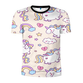 Мужская футболка 3D спортивная с принтом Радужные Единорожки в Кировске, 100% полиэстер с улучшенными характеристиками | приталенный силуэт, круглая горловина, широкие плечи, сужается к линии бедра | unicorn | белый | единорог | лошадь | облако | радуга | розовый | сердце | улыбка | фиолетовый | цвет