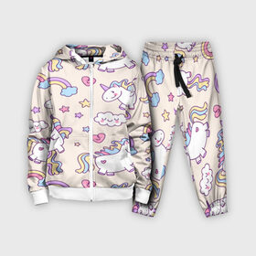 Детский костюм 3D с принтом Радужные Единорожки в Кировске,  |  | unicorn | белый | единорог | лошадь | облако | радуга | розовый | сердце | улыбка | фиолетовый | цвет