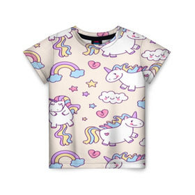 Детская футболка 3D с принтом Радужные Единорожки в Кировске, 100% гипоаллергенный полиэфир | прямой крой, круглый вырез горловины, длина до линии бедер, чуть спущенное плечо, ткань немного тянется | unicorn | белый | единорог | лошадь | облако | радуга | розовый | сердце | улыбка | фиолетовый | цвет