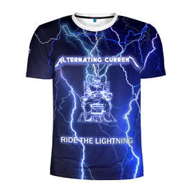Мужская футболка 3D спортивная с принтом Metallica - Ride the Lightning в Кировске, 100% полиэстер с улучшенными характеристиками | приталенный силуэт, круглая горловина, широкие плечи, сужается к линии бедра | Тематика изображения на принте: album | metal | metallica | ride the lightning | rock | альбом | метал | металлика | молния | рок