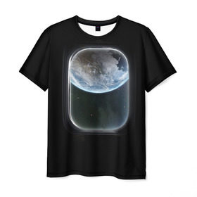 Мужская футболка 3D с принтом Земля в иллюминаторе в Кировске, 100% полиэфир | прямой крой, круглый вырез горловины, длина до линии бедер | земля | космический корабль | космос | планета