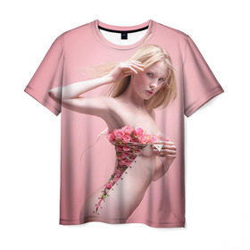 Мужская футболка 3D с принтом Сюрреализм в Кировске, 100% полиэфир | прямой крой, круглый вырез горловины, длина до линии бедер | blonde | flowers | girl | lace | naked | nude | photo | surrealism | блондинка | девушка | сюрреализм | фото | цветы | шнуровка