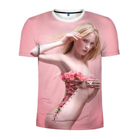 Мужская футболка 3D спортивная с принтом Сюрреализм в Кировске, 100% полиэстер с улучшенными характеристиками | приталенный силуэт, круглая горловина, широкие плечи, сужается к линии бедра | blonde | flowers | girl | lace | naked | nude | photo | surrealism | блондинка | девушка | сюрреализм | фото | цветы | шнуровка