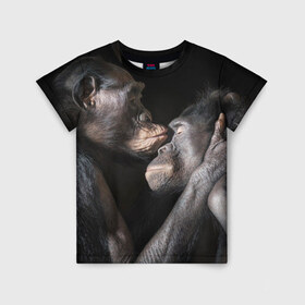 Детская футболка 3D с принтом Шимпанзе в Кировске, 100% гипоаллергенный полиэфир | прямой крой, круглый вырез горловины, длина до линии бедер, чуть спущенное плечо, ткань немного тянется | Тематика изображения на принте: chimps | family | feelings | kiss | monkeys | primates | любовь | обезьяны | поцелуй | приматы | семья | чувства | шимпанзе