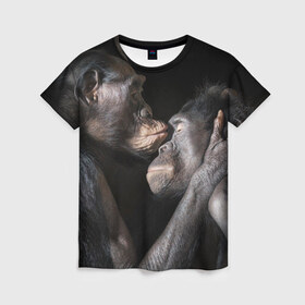 Женская футболка 3D с принтом Шимпанзе в Кировске, 100% полиэфир ( синтетическое хлопкоподобное полотно) | прямой крой, круглый вырез горловины, длина до линии бедер | chimps | family | feelings | kiss | monkeys | primates | любовь | обезьяны | поцелуй | приматы | семья | чувства | шимпанзе