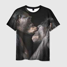 Мужская футболка 3D с принтом Шимпанзе в Кировске, 100% полиэфир | прямой крой, круглый вырез горловины, длина до линии бедер | Тематика изображения на принте: chimps | family | feelings | kiss | monkeys | primates | любовь | обезьяны | поцелуй | приматы | семья | чувства | шимпанзе