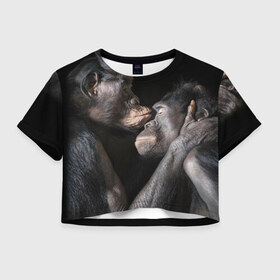 Женская футболка 3D укороченная с принтом Шимпанзе в Кировске, 100% полиэстер | круглая горловина, длина футболки до линии талии, рукава с отворотами | chimps | family | feelings | kiss | monkeys | primates | любовь | обезьяны | поцелуй | приматы | семья | чувства | шимпанзе