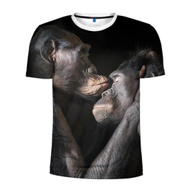 Мужская футболка 3D спортивная с принтом Шимпанзе в Кировске, 100% полиэстер с улучшенными характеристиками | приталенный силуэт, круглая горловина, широкие плечи, сужается к линии бедра | chimps | family | feelings | kiss | monkeys | primates | любовь | обезьяны | поцелуй | приматы | семья | чувства | шимпанзе
