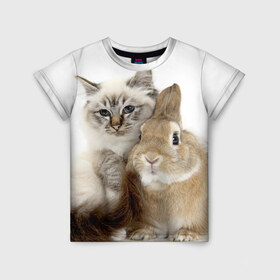Детская футболка 3D с принтом Кот и кролик в Кировске, 100% гипоаллергенный полиэфир | прямой крой, круглый вырез горловины, длина до линии бедер, чуть спущенное плечо, ткань немного тянется | cat | cute | fluffy | friends | friendship | hug | kitty | rabbit | toddlers | дружба | друзья | кот | котенок | кролик | любовь | малыши | милые | обнимаются | пушистые