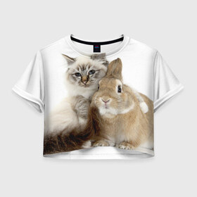 Женская футболка 3D укороченная с принтом Кот и кролик в Кировске, 100% полиэстер | круглая горловина, длина футболки до линии талии, рукава с отворотами | cat | cute | fluffy | friends | friendship | hug | kitty | rabbit | toddlers | дружба | друзья | кот | котенок | кролик | любовь | малыши | милые | обнимаются | пушистые