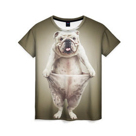 Женская футболка 3D с принтом Бульдог английский в Кировске, 100% полиэфир ( синтетическое хлопкоподобное полотно) | прямой крой, круглый вырез горловины, длина до линии бедер | animals | breed | dog | english bulldog | funny | joke | pants | surrealism | бульдог английский | животное | порода | прикол | собака | сюрреализм | шутка