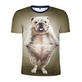 Мужская футболка 3D спортивная с принтом Бульдог английский в Кировске, 100% полиэстер с улучшенными характеристиками | приталенный силуэт, круглая горловина, широкие плечи, сужается к линии бедра | animals | breed | dog | english bulldog | funny | joke | pants | surrealism | бульдог английский | животное | порода | прикол | собака | сюрреализм | шутка