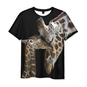 Мужская футболка 3D с принтом Жирафы в Кировске, 100% полиэфир | прямой крой, круглый вырез горловины, длина до линии бедер | africa | animals | baby | child | family | giraffes | head | mother | африка | головы | животные | жирафы | любовь | малыш | мама | ребенок | семья