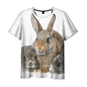 Мужская футболка 3D с принтом Кролики в Кировске, 100% полиэфир | прямой крой, круглый вырез горловины, длина до линии бедер | animals | bunnies | cute | eared | family | fluffy | kids | mom | rabbits | животные | зайцы | кролики | малыши | мама | милые | пушистые | семья | ушастые