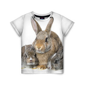 Детская футболка 3D с принтом Кролики в Кировске, 100% гипоаллергенный полиэфир | прямой крой, круглый вырез горловины, длина до линии бедер, чуть спущенное плечо, ткань немного тянется | Тематика изображения на принте: animals | bunnies | cute | eared | family | fluffy | kids | mom | rabbits | животные | зайцы | кролики | малыши | мама | милые | пушистые | семья | ушастые