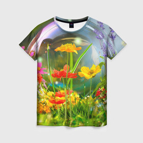 Женская футболка 3D с принтом Цветы и мыльный пузырь в Кировске, 100% полиэфир ( синтетическое хлопкоподобное полотно) | прямой крой, круглый вырез горловины, длина до линии бедер | 