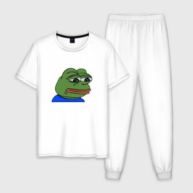 Мужская пижама хлопок с принтом sad frog в Кировске, 100% хлопок | брюки и футболка прямого кроя, без карманов, на брюках мягкая резинка на поясе и по низу штанин
 | Тематика изображения на принте: pepe | грустная | мемы | пепе