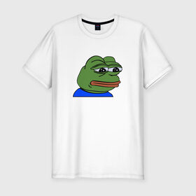 Мужская футболка премиум с принтом sad frog в Кировске, 92% хлопок, 8% лайкра | приталенный силуэт, круглый вырез ворота, длина до линии бедра, короткий рукав | Тематика изображения на принте: pepe | грустная | мемы | пепе