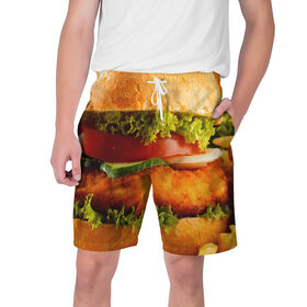 Мужские шорты 3D с принтом Гамбургер в Кировске,  полиэстер 100% | прямой крой, два кармана без застежек по бокам. Мягкая трикотажная резинка на поясе, внутри которой широкие завязки. Длина чуть выше колен | 