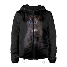 Женская куртка 3D с принтом Чёрный котёнок в Кировске, ткань верха — 100% полиэстер, подклад — флис | прямой крой, подол и капюшон оформлены резинкой с фиксаторами, два кармана без застежек по бокам, один большой потайной карман на груди. Карман на груди застегивается на липучку | киска | кот | кошка