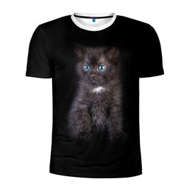 Мужская футболка 3D спортивная с принтом Чёрный котёнок в Кировске, 100% полиэстер с улучшенными характеристиками | приталенный силуэт, круглая горловина, широкие плечи, сужается к линии бедра | киска | кот | кошка