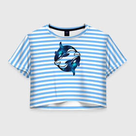 Женская футболка 3D укороченная с принтом Космические косатки в Кировске, 100% полиэстер | круглая горловина, длина футболки до линии талии, рукава с отворотами | orca | sea | whale | галактика | звезды | кит | косатка | космос | море | океан