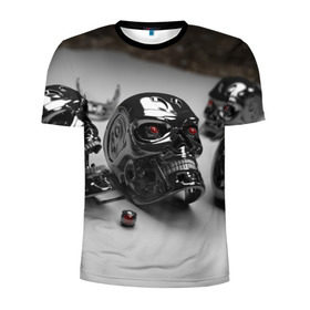 Мужская футболка 3D спортивная с принтом Черепа терминатор в Кировске, 100% полиэстер с улучшенными характеристиками | приталенный силуэт, круглая горловина, широкие плечи, сужается к линии бедра | металл | фото