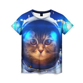 Женская футболка 3D с принтом Кот космонавт в Кировске, 100% полиэфир ( синтетическое хлопкоподобное полотно) | прямой крой, круглый вырез горловины, длина до линии бедер | кот | кошка | скафандр