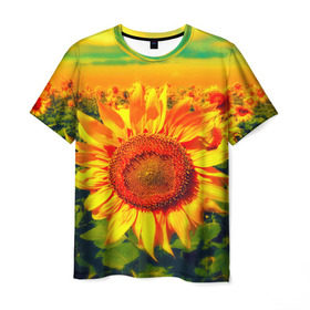 Мужская футболка 3D с принтом Подсолнухи в Кировске, 100% полиэфир | прямой крой, круглый вырез горловины, длина до линии бедер | Тематика изображения на принте: лето | подсолнух | солнце | цветы