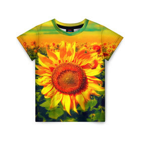 Детская футболка 3D с принтом Подсолнухи в Кировске, 100% гипоаллергенный полиэфир | прямой крой, круглый вырез горловины, длина до линии бедер, чуть спущенное плечо, ткань немного тянется | лето | подсолнух | солнце | цветы
