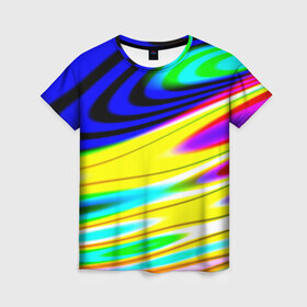 Женская футболка 3D с принтом Волны красок в Кировске, 100% полиэфир ( синтетическое хлопкоподобное полотно) | прямой крой, круглый вырез горловины, длина до линии бедер | разводы | цветной | яркий