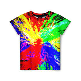 Детская футболка 3D с принтом Взрыв цветов в Кировске, 100% гипоаллергенный полиэфир | прямой крой, круглый вырез горловины, длина до линии бедер, чуть спущенное плечо, ткань немного тянется | брызги | краски | разноцветный | яркий