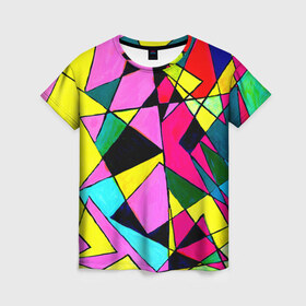 Женская футболка 3D с принтом Треугольники в Кировске, 100% полиэфир ( синтетическое хлопкоподобное полотно) | прямой крой, круглый вырез горловины, длина до линии бедер | картина | разноцветный | яркий