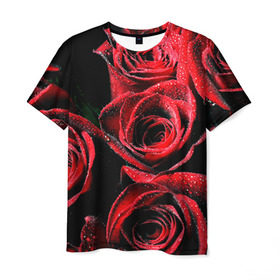 Мужская футболка 3D с принтом Розы в Кировске, 100% полиэфир | прямой крой, круглый вырез горловины, длина до линии бедер | алый | красный | роса | фото | цветы