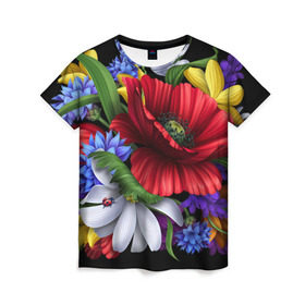 Женская футболка 3D с принтом Композиция цветов в Кировске, 100% полиэфир ( синтетическое хлопкоподобное полотно) | прямой крой, круглый вырез горловины, длина до линии бедер | композиция | мак | ромашки | цветы