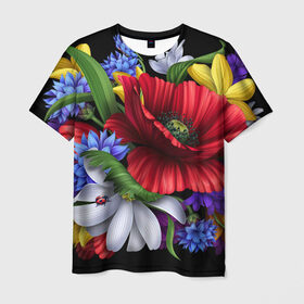 Мужская футболка 3D с принтом Композиция цветов в Кировске, 100% полиэфир | прямой крой, круглый вырез горловины, длина до линии бедер | композиция | мак | ромашки | цветы